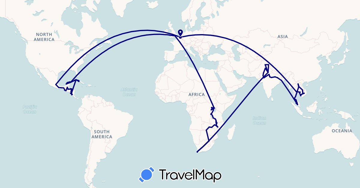 TravelMap itinerary: driving in Belgium, Cuba, United Kingdom, Guatemala, Honduras, India, Cambodia, Laos, Malawi, Mexico, Malaysia, Nicaragua, Thailand, Tanzania, Uganda, South Africa, Zambia (Africa, Asia, Europe, North America)